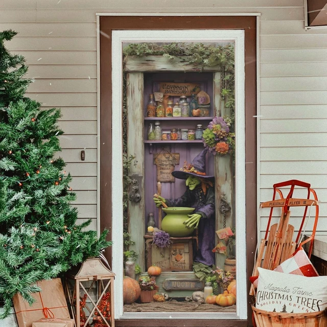 Alt view image 6 of 7 - Halloween Witch Door Cover, Stretch Fabric Backdrop Door Porch Covers for Home Party Holidays Decoration, 32x79 in