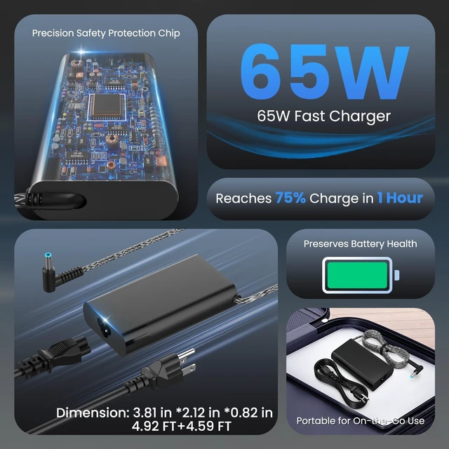 Alt view image 6 of 7 - Laptop Charger for HP Envy 13 15 17, ProBook G2-G8, EliteBook, 65W Check the complete HP laptop model and 4.5 x 3.0 mm blue port; not for USB-C, 7.4 x 5.0 mm ports or Pavilion Gaming laptops