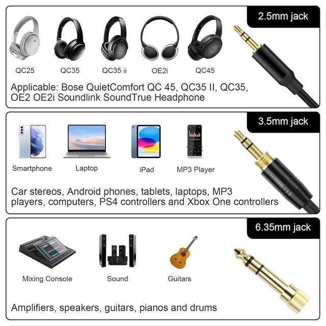 Alt view image 2 of 6 - QC45 Coiled Audio Cable,Replacement Audio Cable Cord Compatible with Bose QC45/QC35/QC35 II/NC700 Headphones,2.5mm to 3.5mm(1/8") Extension Wire with 6.35mm(1/4") 6-16ft (Black)