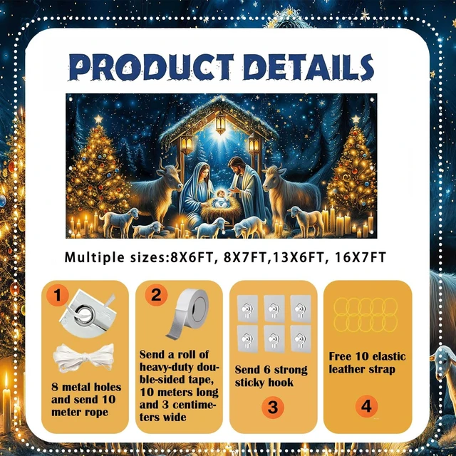 Alt view image 6 of 7 - 16X7FT Christmas Nativity Scene Garage Door Decorations Cover Xmas New Year Manger Religious Jesus Christian Party Decor Garage Door Buddy for Outdoor Indoor Wall Window Yard
