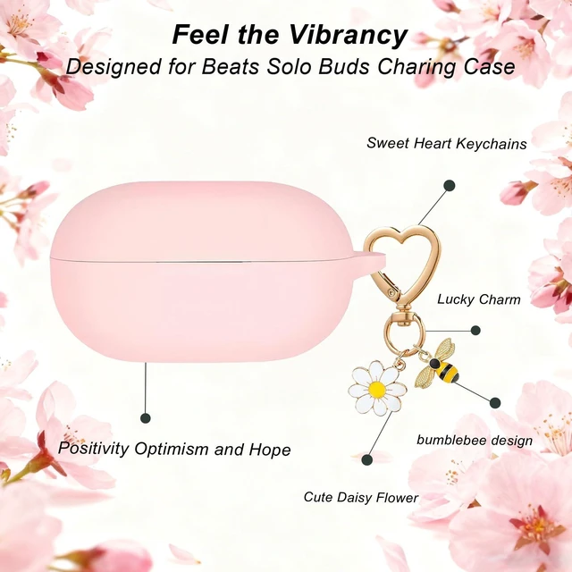 Alt view image 4 of 7 - for Beats Solo Buds Case Cover with Cute Bee Daisy Flower Charm Keychain,Soft Silicone Skin Cover Shockproof Protective Case Accessories for Beats Solo Charging Case for Women Men Pink