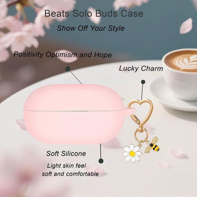 Alt view image 5 of 7 - for Beats Solo Buds Case Cover with Cute Bee Daisy Flower Charm Keychain,Soft Silicone Skin Cover Shockproof Protective Case Accessories for Beats Solo Charging Case for Women Men Pink