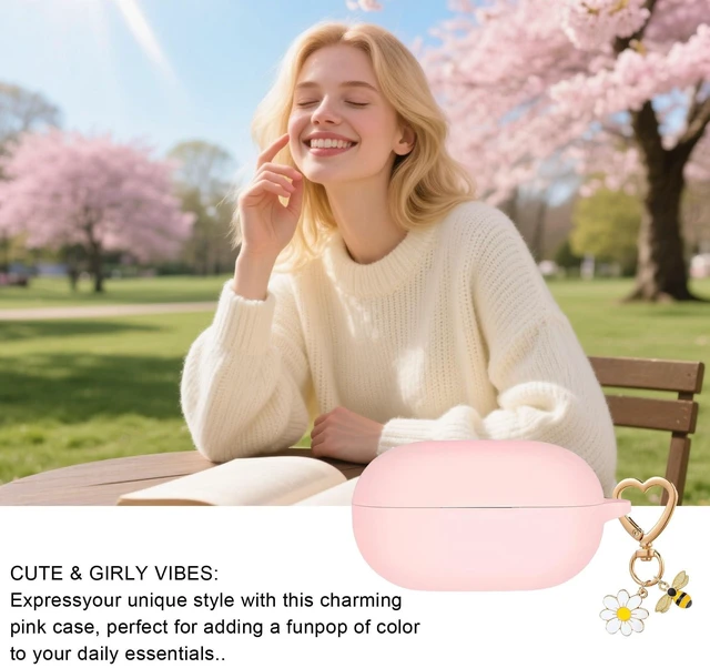Alt view image 7 of 7 - for Beats Solo Buds Case Cover with Cute Bee Daisy Flower Charm Keychain,Soft Silicone Skin Cover Shockproof Protective Case Accessories for Beats Solo Charging Case for Women Men Pink