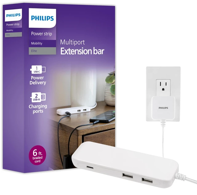 Main image of USB Slim Charger, 2 USB-A, 1 USB-C, 5ft Braided Extension Cable Desktop Charging Station, Nightstand Power Hub, Multiport Charger, Night Stand, Desk, Multiple Devices, DLK2506C/27