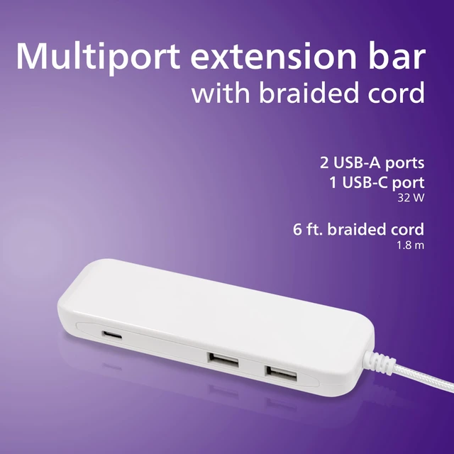 Alt view image 3 of 7 - USB Slim Charger, 2 USB-A, 1 USB-C, 5ft Braided Extension Cable Desktop Charging Station, Nightstand Power Hub, Multiport Charger, Night Stand, Desk, Multiple Devices, DLK2506C/27