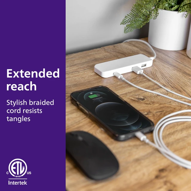 Alt view image 6 of 7 - USB Slim Charger, 2 USB-A, 1 USB-C, 5ft Braided Extension Cable Desktop Charging Station, Nightstand Power Hub, Multiport Charger, Night Stand, Desk, Multiple Devices, DLK2506C/27