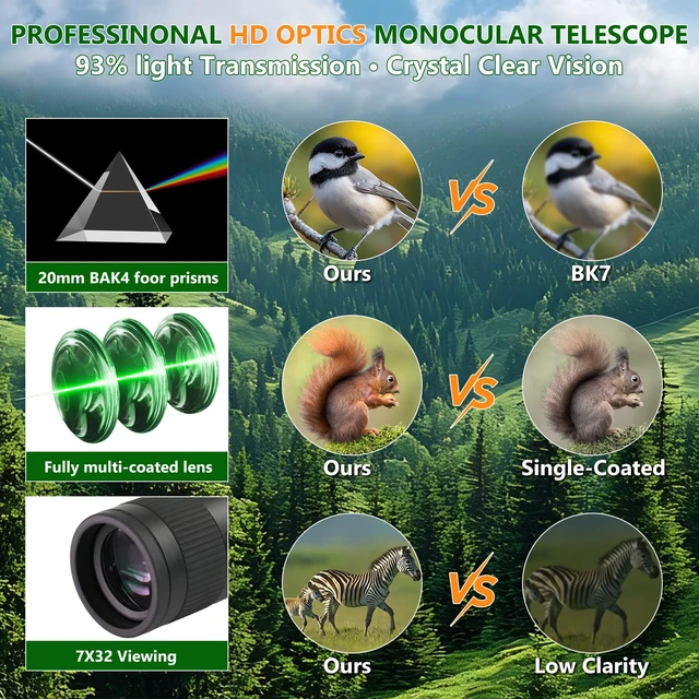 Alt view image 7 of 7 - 7x32 Monocular Telescope for Adults Metal Body IPX7 Waterproof BAK4 FMC Compact Pocket Monocular Bird Watching Hunting Hiking Camping Travel Low Light Vision Heavy Duty Small Gift For Men