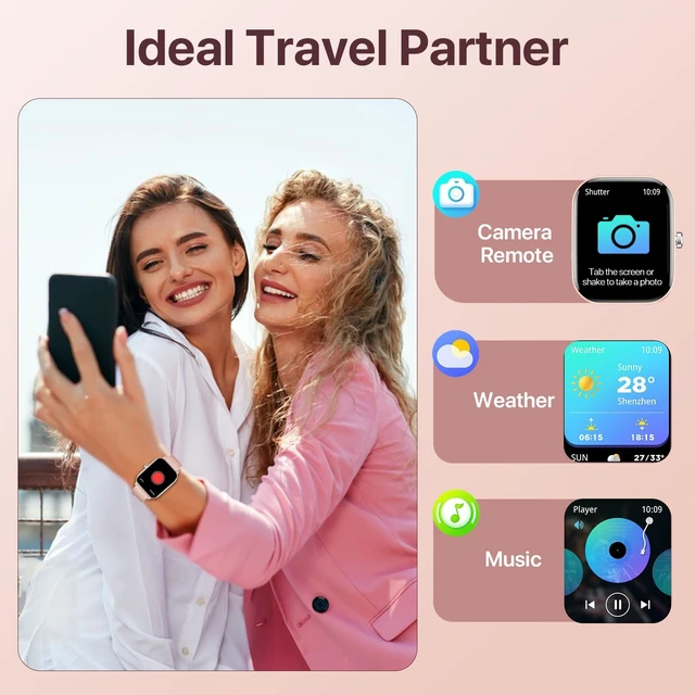 Alt view image 6 of 7 - Smart Watch for Women, 2.01'' Smartwatch with Bluetooth Call, 100+Sport Modes, Sleep Monitoring, IP67 Waterproof, Camera & Music Control for iPhone Android, Fitness Watch with Pedometer