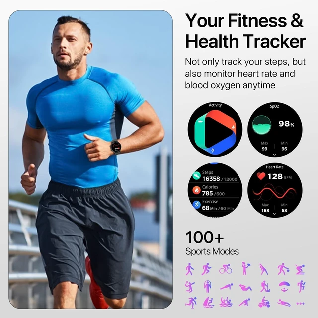 Alt view image 2 of 7 - 1.39" Smart Watch for Men Women, IP67 Waterproof Fitness Tracker Compatible for Android and iPhone, Smartwatch with 120+ Sport Modes, Health Tracking, Reloj Inteligente Round - Deep Black
