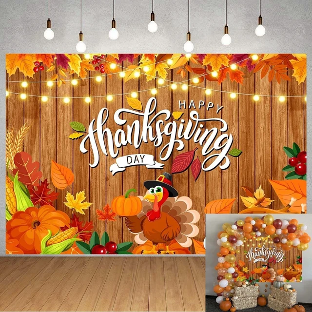 Main image of Happy Thanksgiving Backdrop - Fall Turkey Pumpkin Brown Wood Photography Background - Welcome Autumn Harvest Party Decorations - 8x6FT