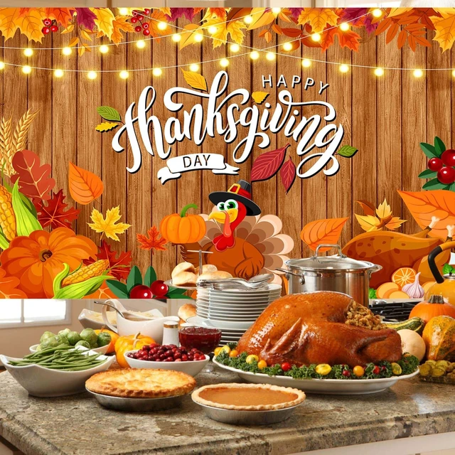 Alt view image 3 of 7 - Happy Thanksgiving Backdrop - Fall Turkey Pumpkin Brown Wood Photography Background - Welcome Autumn Harvest Party Decorations - 8x6FT