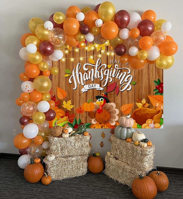 Alt view image 5 of 7 - Happy Thanksgiving Backdrop - Fall Turkey Pumpkin Brown Wood Photography Background - Welcome Autumn Harvest Party Decorations - 8x6FT
