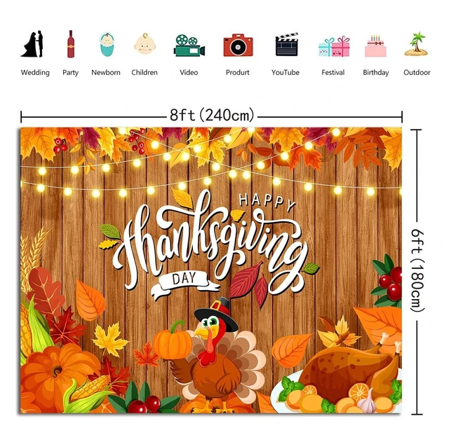 Alt view image 6 of 7 - Happy Thanksgiving Backdrop - Fall Turkey Pumpkin Brown Wood Photography Background - Welcome Autumn Harvest Party Decorations - 8x6FT