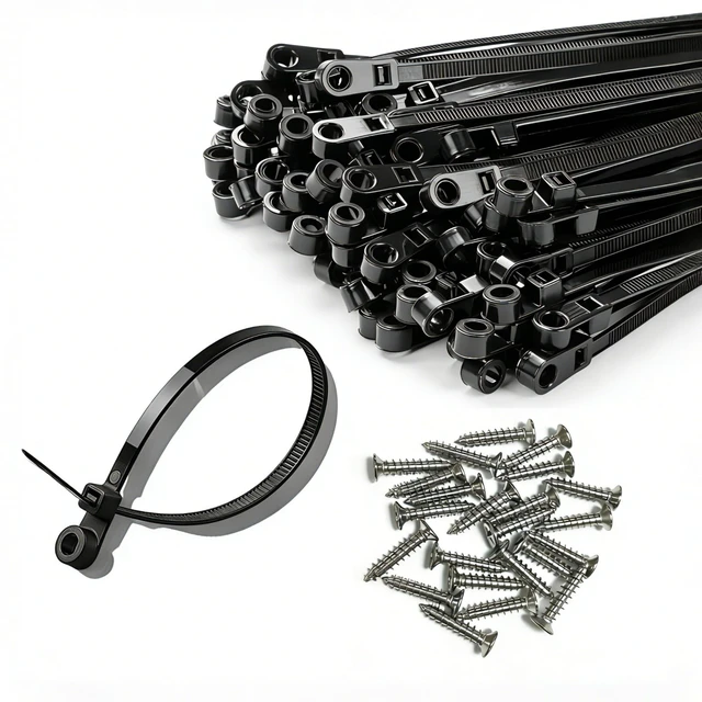 Main image of Black Zip Ties with Screw Mounting Hole, Cable Ties for Wire Management and Organization (100, 8" ZIP TIES + SCREWS)