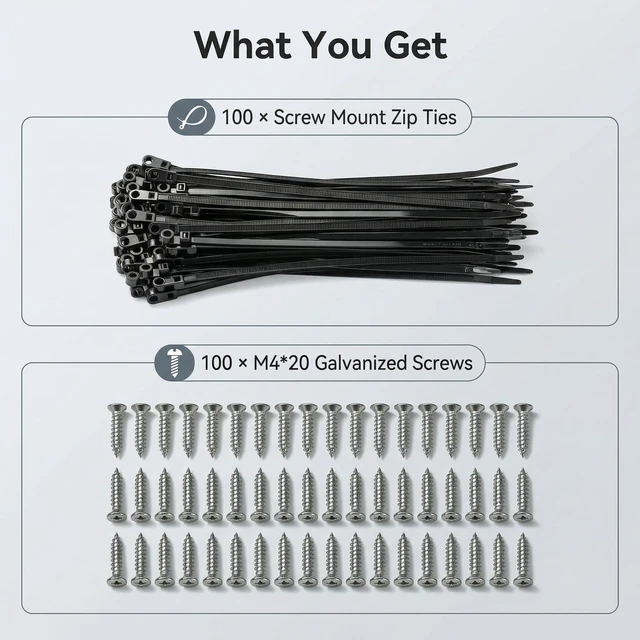 Alt view image 3 of 7 - Black Zip Ties with Screw Mounting Hole, Cable Ties for Wire Management and Organization (100, 8" ZIP TIES + SCREWS)