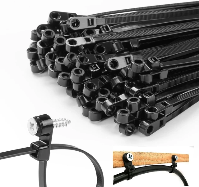 Main image of Black Zip Ties with Screw Mounting Hole, Cable Ties for Wire Management and Organization (200, 8" ZIP TIES ONLY)