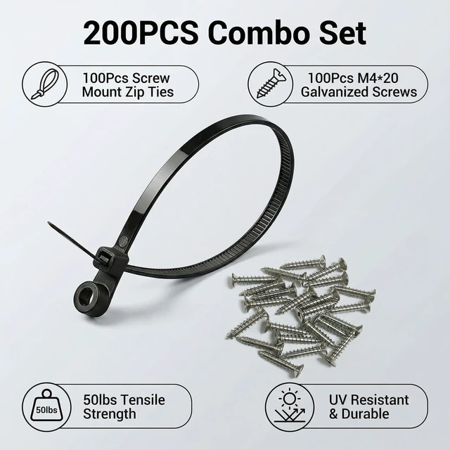 Alt view image 6 of 7 - Black Zip Ties with Screw Mounting Hole, Cable Ties for Wire Management and Organization (100, 8" ZIP TIES + SCREWS)