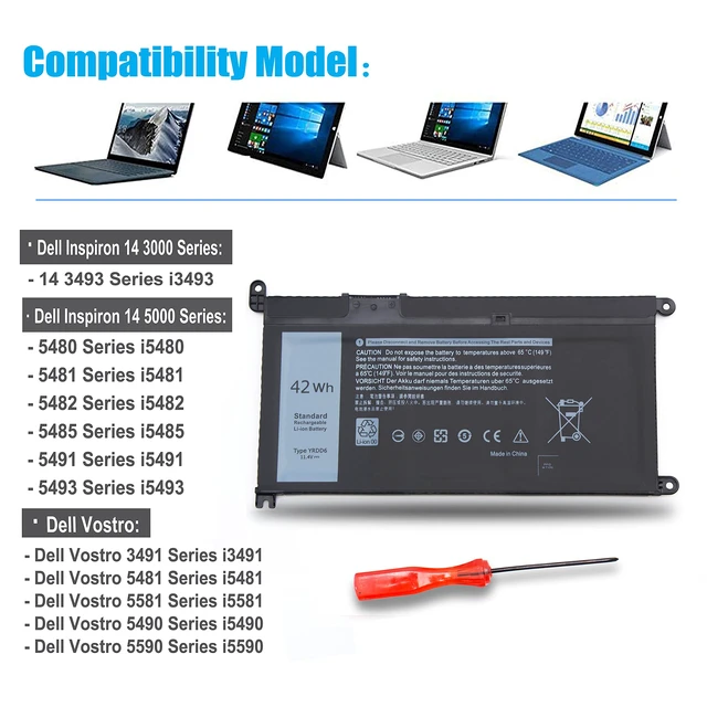 Alt view image 2 of 7 - 42Wh YRDD6 Battery for Dell Inspiron 15 3000 5000 3582 3583 35845584 5593 for 3501 3593 5594 5598 5585, Inspiron 14 5481 5482 5485 3493 5491 5493 Latitude 3310 Vostro 5590 2-in-1