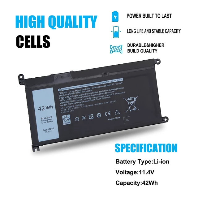 Alt view image 3 of 7 - 42Wh YRDD6 Battery for Dell Inspiron 15 3000 5000 3582 3583 35845584 5593 for 3501 3593 5594 5598 5585, Inspiron 14 5481 5482 5485 3493 5491 5493 Latitude 3310 Vostro 5590 2-in-1