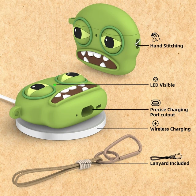 Alt view image 4 of 7 - for AirPods Pro 3 Case, Funny 3D Cartoon Ugly Protective Soft Silicone Case Cover with Keychain & Lanyard (Green)