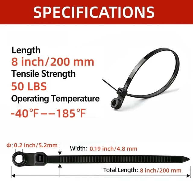 Alt view image 4 of 7 - Black Zip Ties with Screw Mounting Hole, Cable Ties for Wire Management and Organization (100, 8" ZIP TIES + SCREWS)