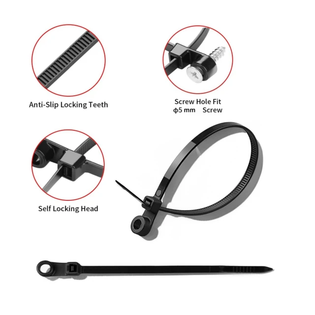 Alt view image 2 of 7 - Black Zip Ties with Screw Mounting Hole, Cable Ties for Wire Management and Organization (100, 8" ZIP TIES + SCREWS)