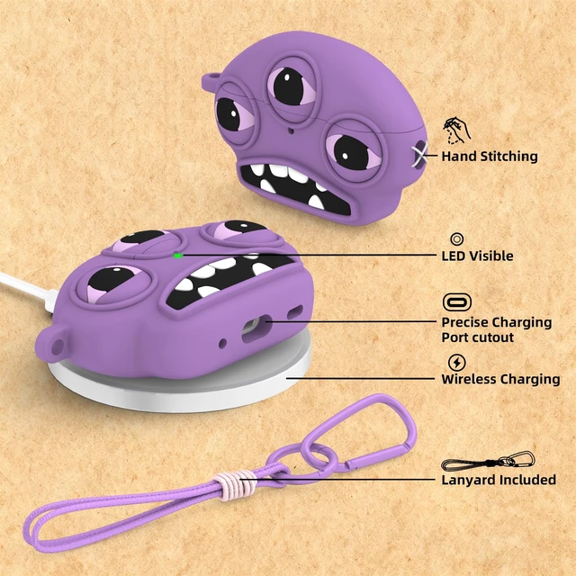 Alt view image 4 of 7 - for AirPods Pro 3 Case, Funny 3D Cartoon Ugly Protective Soft Silicone Case Cover with Keychain & Lanyard (Purple)