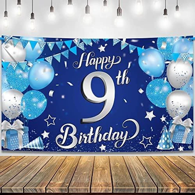 Main image of Blue Happy 9th Birthday Decorations Banner 72x44 Inch 9th Birthday Decorations for Boys, Girls, Happy Bday Decor, Bday Backdrop Banner for Blue Party Decorations