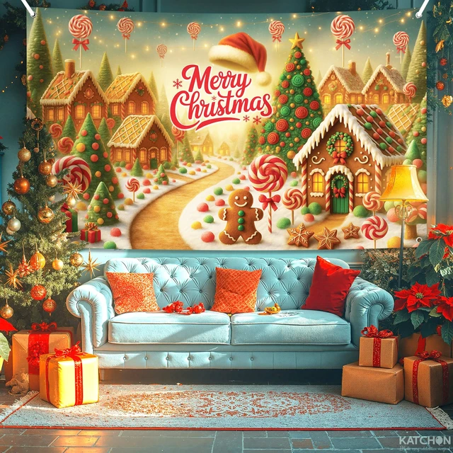 Alt view image 3 of 5 - Merry Christmas Banner 72x44 Inch Wall Backdrop for Christmas Decorations Indoor, Outdoor, Gingerbread Banner for Xmas Decorations, Holiday Party Decor