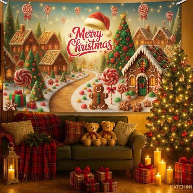 Alt view image 4 of 5 - Merry Christmas Banner 72x44 Inch Wall Backdrop for Christmas Decorations Indoor, Outdoor, Gingerbread Banner for Xmas Decorations, Holiday Party Decor