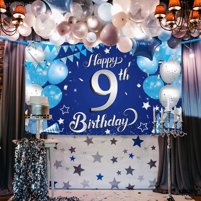 Alt view image 3 of 7 - Blue Happy 9th Birthday Decorations Banner 72x44 Inch 9th Birthday Decorations for Boys, Girls, Happy Bday Decor, Bday Backdrop Banner for Blue Party Decorations