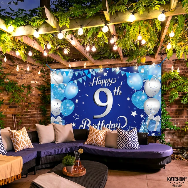 Alt view image 6 of 7 - Blue Happy 9th Birthday Decorations Banner 72x44 Inch 9th Birthday Decorations for Boys, Girls, Happy Bday Decor, Bday Backdrop Banner for Blue Party Decorations