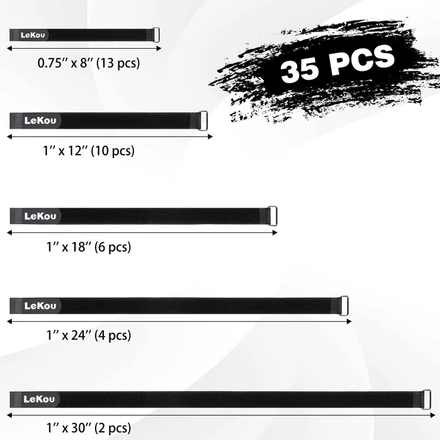 Alt view image 2 of 7 - 35 Pack Cable Straps,8"-12"-18"-24"-30" Reusable Cable Ties, Hook and Loop with Metal Buckle, Fastening Securing for Cord Organizer Wire Management
