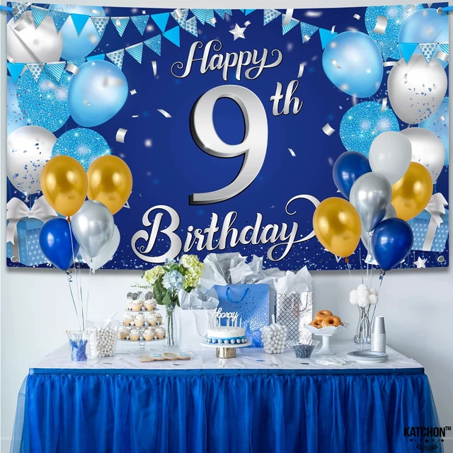 Alt view image 7 of 7 - Blue Happy 9th Birthday Decorations Banner 72x44 Inch 9th Birthday Decorations for Boys, Girls, Happy Bday Decor, Bday Backdrop Banner for Blue Party Decorations