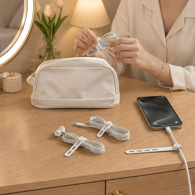 Alt view image 7 of 7 - 20 PCS Silicone Cable Ties, Reusable Cord Organizer Wraps with Locking Buckle, Soft Elastic Wire Ties for Charger Cord Management, Durable for Home Office Desk Accessories (White)