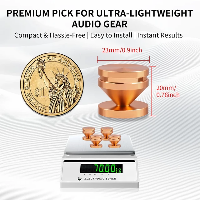 Alt view image 3 of 7 - HiFi Audio Isolation Feet 4-Pack Gold 23x20mm Aluminum Alloy & Gold-plated Copper, Turntable Isolation Pads with Adhesives for Speakers, Subwoofers, Amplifier, Audio