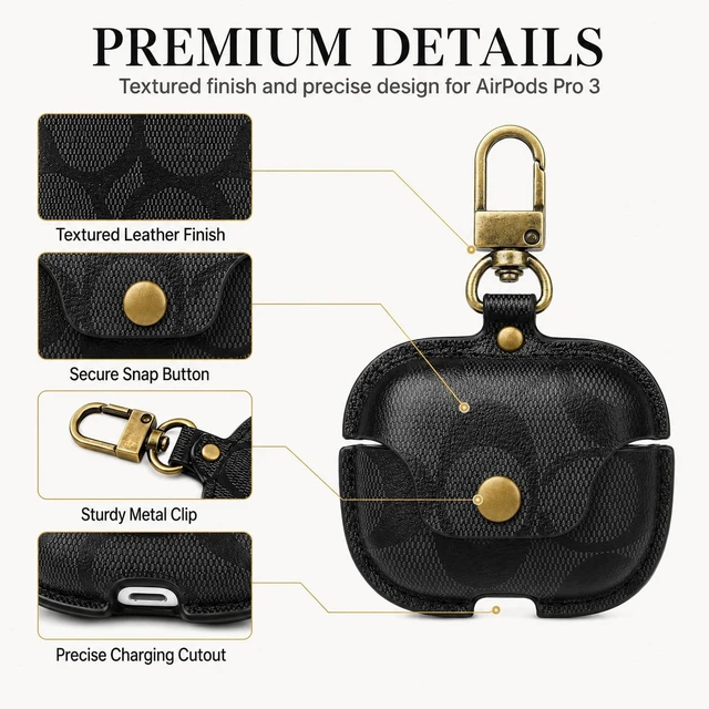 Alt view image 3 of 7 - Leather Case for AirPods Pro 3, Vintage Print, Snap Button, Metal Buckle(C) Premium Leather Protective Case Compatible with AirPods Pro 3 (2025 Release)