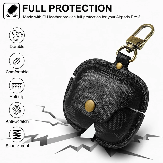 Alt view image 5 of 7 - Leather Case for AirPods Pro 3, Vintage Print, Snap Button, Metal Buckle(C) Premium Leather Protective Case Compatible with AirPods Pro 3 (2025 Release)