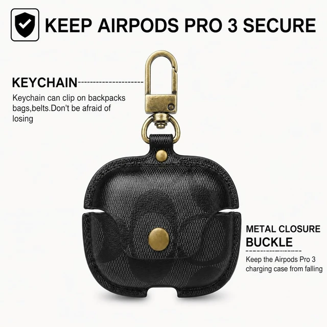 Alt view image 6 of 7 - Leather Case for AirPods Pro 3, Vintage Print, Snap Button, Metal Buckle(C) Premium Leather Protective Case Compatible with AirPods Pro 3 (2025 Release)