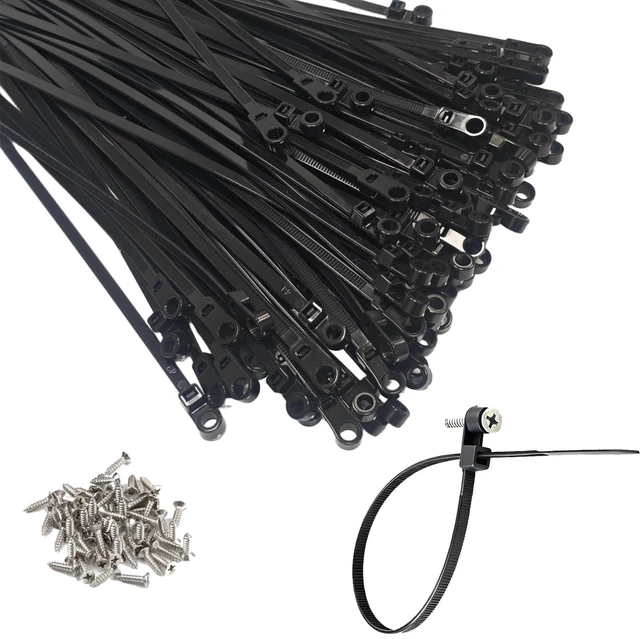 Main image of 200 PCS 10 in black zip ties, 100 screws, cable ties with screw holes 75lb heavy duty zip tiewire tieszip ties with screw holezip tie mountszip ties with screw mounting hoblack zip tiesle