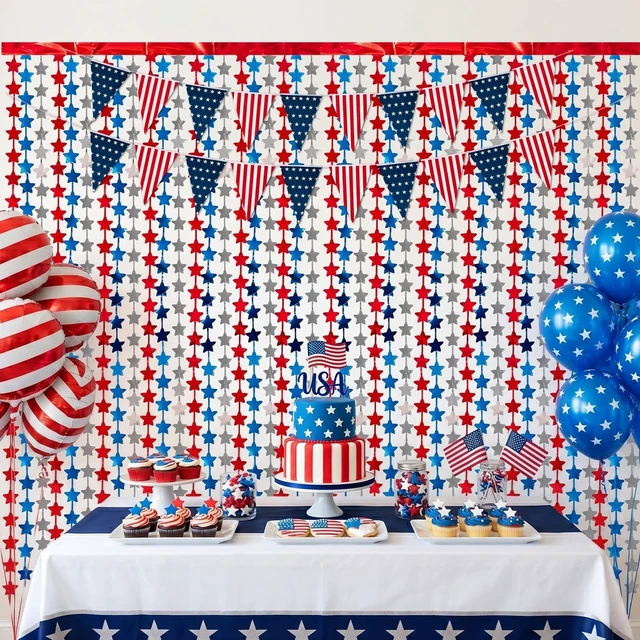 Main image of 4 Pack Red White Blue Star Party Decoration Set, 2 Pack 3.3ft x 6.6 ft Star Foil Fringe Tinsel Streamer Curtain Backdrop + 2 USA Flag Pennant Banner Buntings for Independence Day, Patriotic Decor