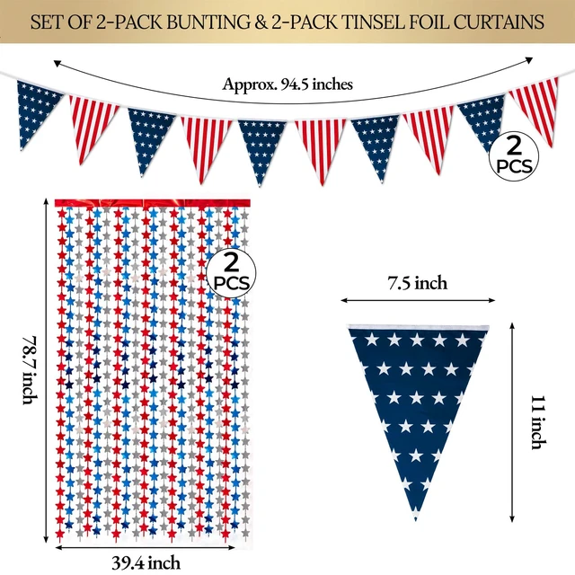 Alt view image 2 of 7 - 4 Pack Red White Blue Star Party Decoration Set, 2 Pack 3.3ft x 6.6 ft Star Foil Fringe Tinsel Streamer Curtain Backdrop + 2 USA Flag Pennant Banner Buntings for Independence Day, Patriotic Decor