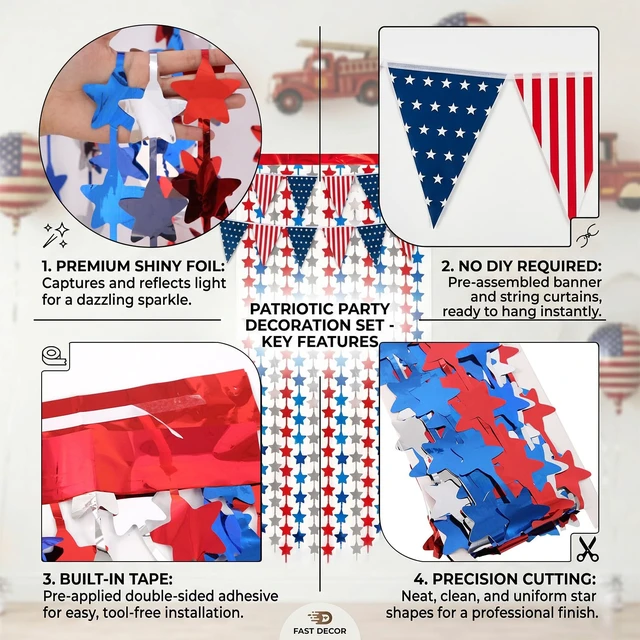 Alt view image 3 of 7 - 4 Pack Red White Blue Star Party Decoration Set, 2 Pack 3.3ft x 6.6 ft Star Foil Fringe Tinsel Streamer Curtain Backdrop + 2 USA Flag Pennant Banner Buntings for Independence Day, Patriotic Decor