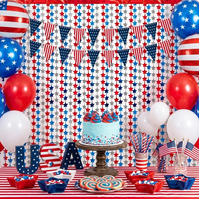 Alt view image 4 of 7 - 4 Pack Red White Blue Star Party Decoration Set, 2 Pack 3.3ft x 6.6 ft Star Foil Fringe Tinsel Streamer Curtain Backdrop + 2 USA Flag Pennant Banner Buntings for Independence Day, Patriotic Decor