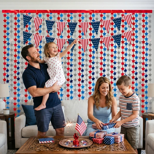 Alt view image 5 of 7 - 4 Pack Red White Blue Star Party Decoration Set, 2 Pack 3.3ft x 6.6 ft Star Foil Fringe Tinsel Streamer Curtain Backdrop + 2 USA Flag Pennant Banner Buntings for Independence Day, Patriotic Decor