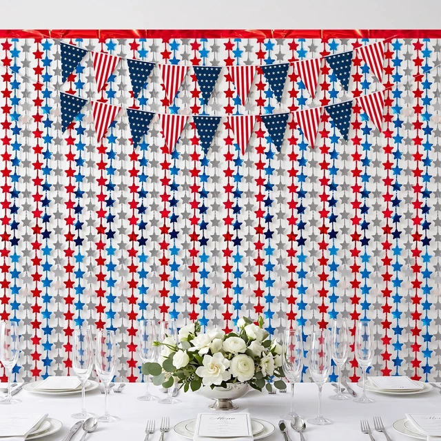 Alt view image 6 of 7 - 4 Pack Red White Blue Star Party Decoration Set, 2 Pack 3.3ft x 6.6 ft Star Foil Fringe Tinsel Streamer Curtain Backdrop + 2 USA Flag Pennant Banner Buntings for Independence Day, Patriotic Decor
