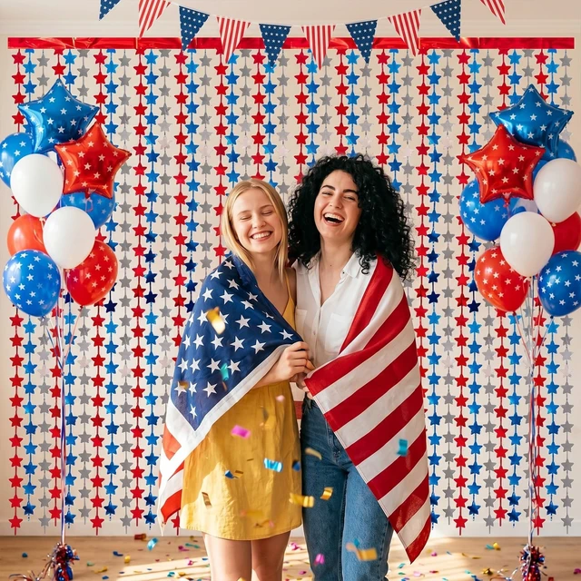 Alt view image 7 of 7 - 4 Pack Red White Blue Star Party Decoration Set, 2 Pack 3.3ft x 6.6 ft Star Foil Fringe Tinsel Streamer Curtain Backdrop + 2 USA Flag Pennant Banner Buntings for Independence Day, Patriotic Decor