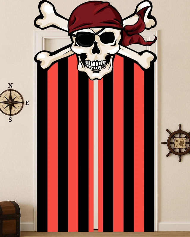 Main image of 3 Pcs Halloween Pirate Decorations Doorway Curtain with Hooks Red Black Stripe Design, Skull Hanging Banner, Birthday Party Decor, Photo Booth Props, Pirate Theme Backdrop