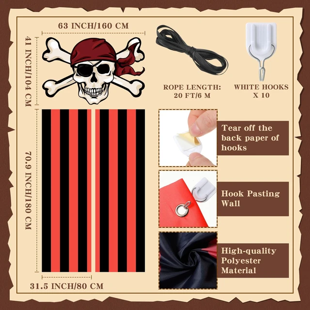 Alt view image 2 of 6 - 3 Pcs Halloween Pirate Decorations Doorway Curtain with Hooks Red Black Stripe Design, Skull Hanging Banner, Birthday Party Decor, Photo Booth Props, Pirate Theme Backdrop