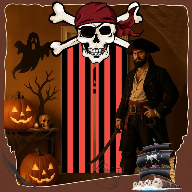 Alt view image 3 of 6 - 3 Pcs Halloween Pirate Decorations Doorway Curtain with Hooks Red Black Stripe Design, Skull Hanging Banner, Birthday Party Decor, Photo Booth Props, Pirate Theme Backdrop